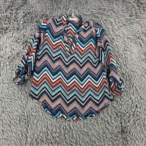 Almost Famous Blouse Womens Small Vneck Chevron Top Tab Sleeves